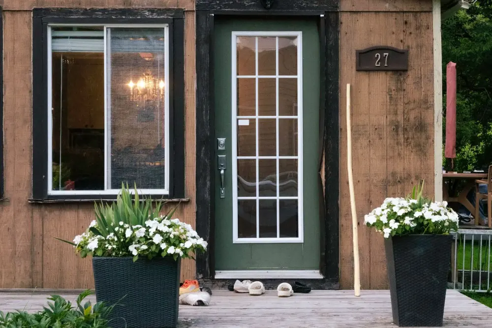 Glazed front door and window of a house